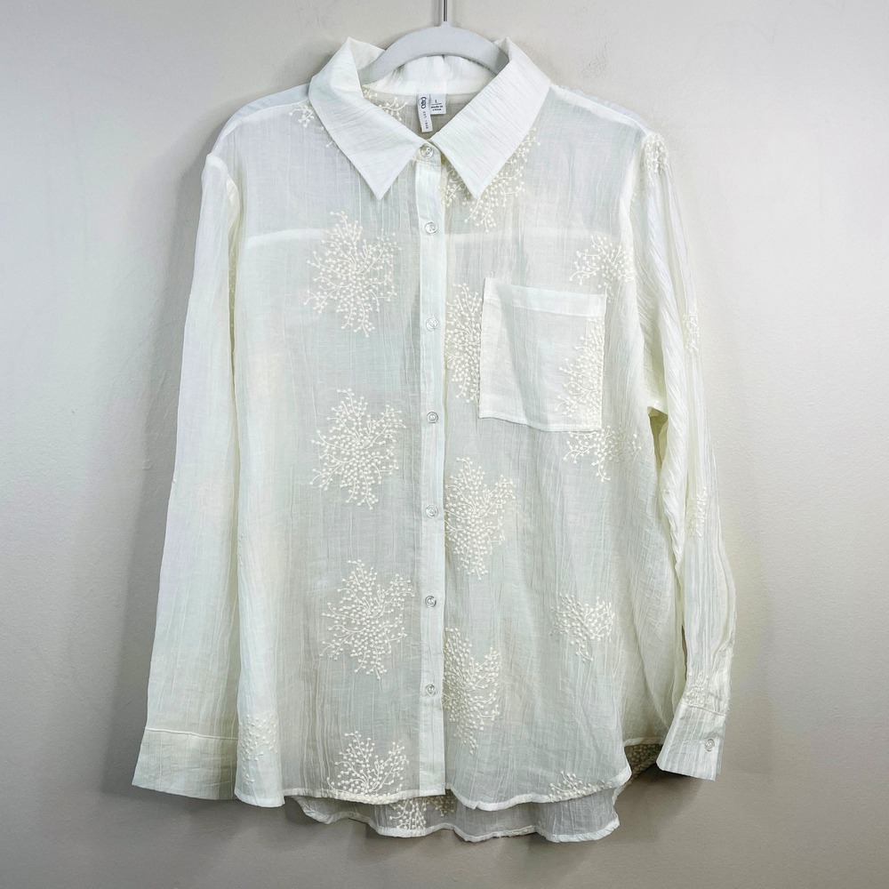 Vintage Cottage Floral Top Womens Large Embroidered Neutral Sheer Button Blouse
